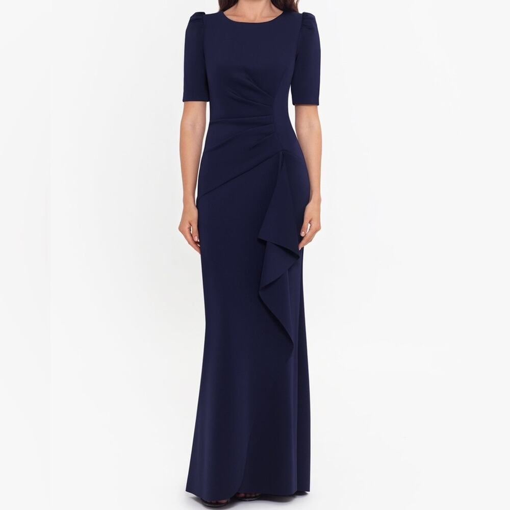 Xscape “Demi” 3/4 Sleeve Side Ruched Floor Length Gown Midnight Women’s Sz 12